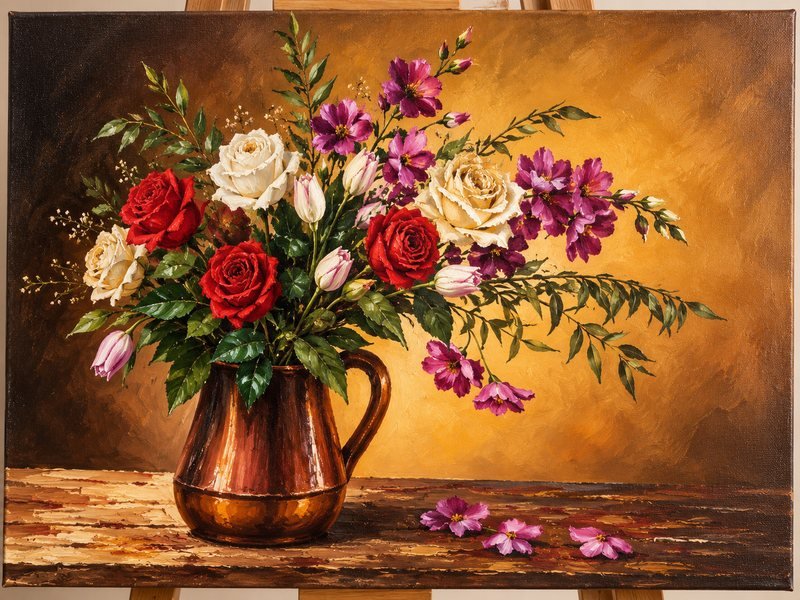 Pintura a óleo de um vaso de cobre com rosas vermelhas e brancas e flores roxas