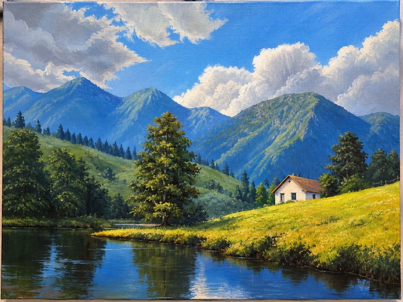 Pintura de paisagem com montanhas, lago e uma casa branca em um campo