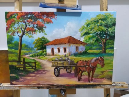 Pintura de uma casa de campo com carroça e cavalo sob um flamboyant