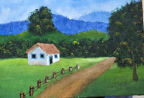 Pintura de paisagem com casa branca de telhado colorido, cerca e estrada de terra