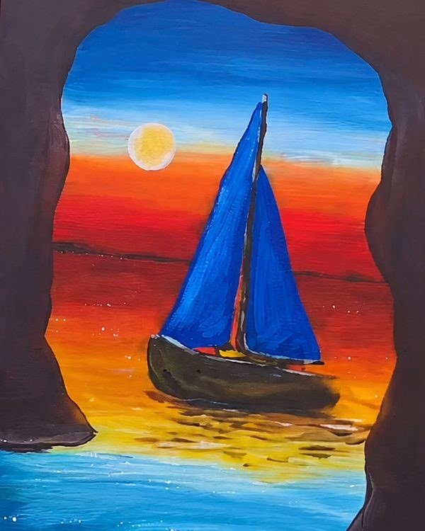 Pintura de um veleiro azul ao pôr do sol, visto de dentro de uma gruta