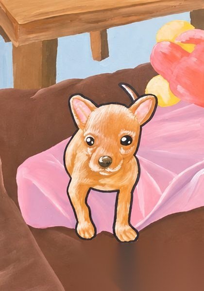 Pintura de um cachorro caramelo sobre uma cama rosa, com balões ao fundo