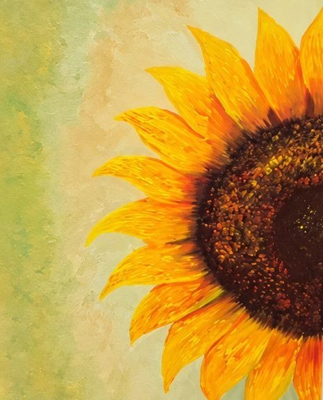Pintura de um girassol grande sobre fundo verde-claro